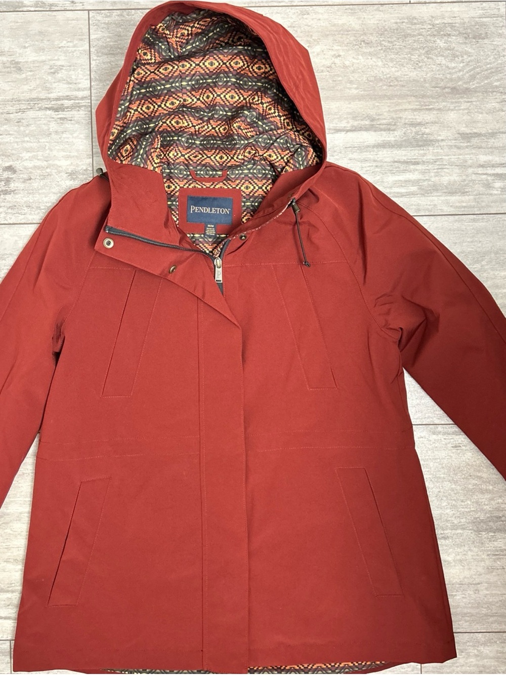 Pendleton Womens M Hooded Rain Jacket Merlot Red Geometric Aztec Lining - Picture 10 of 14